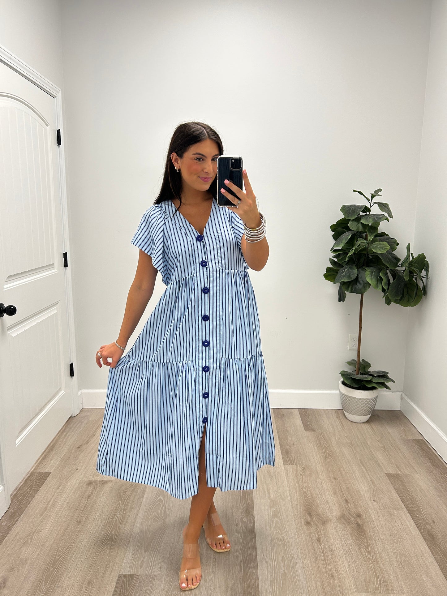 STRIPE FLUTTER SLEEVE MIDI DRESS