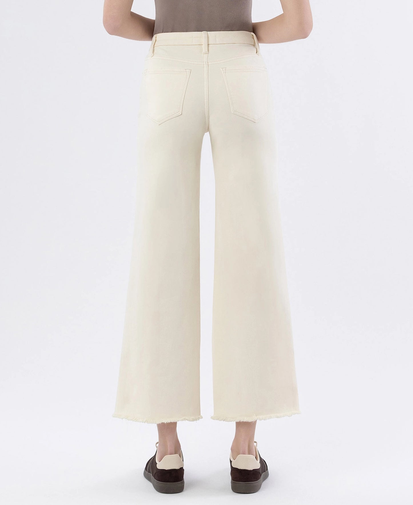QUIETER HIGH RISE RAW HEM ANKLE WIDE LEG JEANS