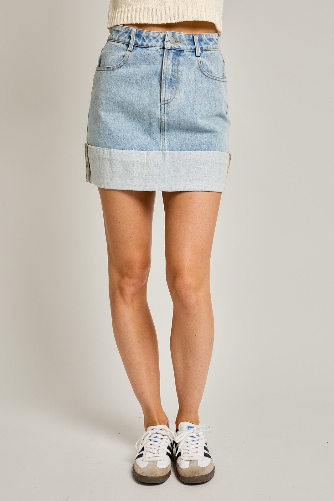 HIGH WAISTED CUFF DENIM MINI SKIRT