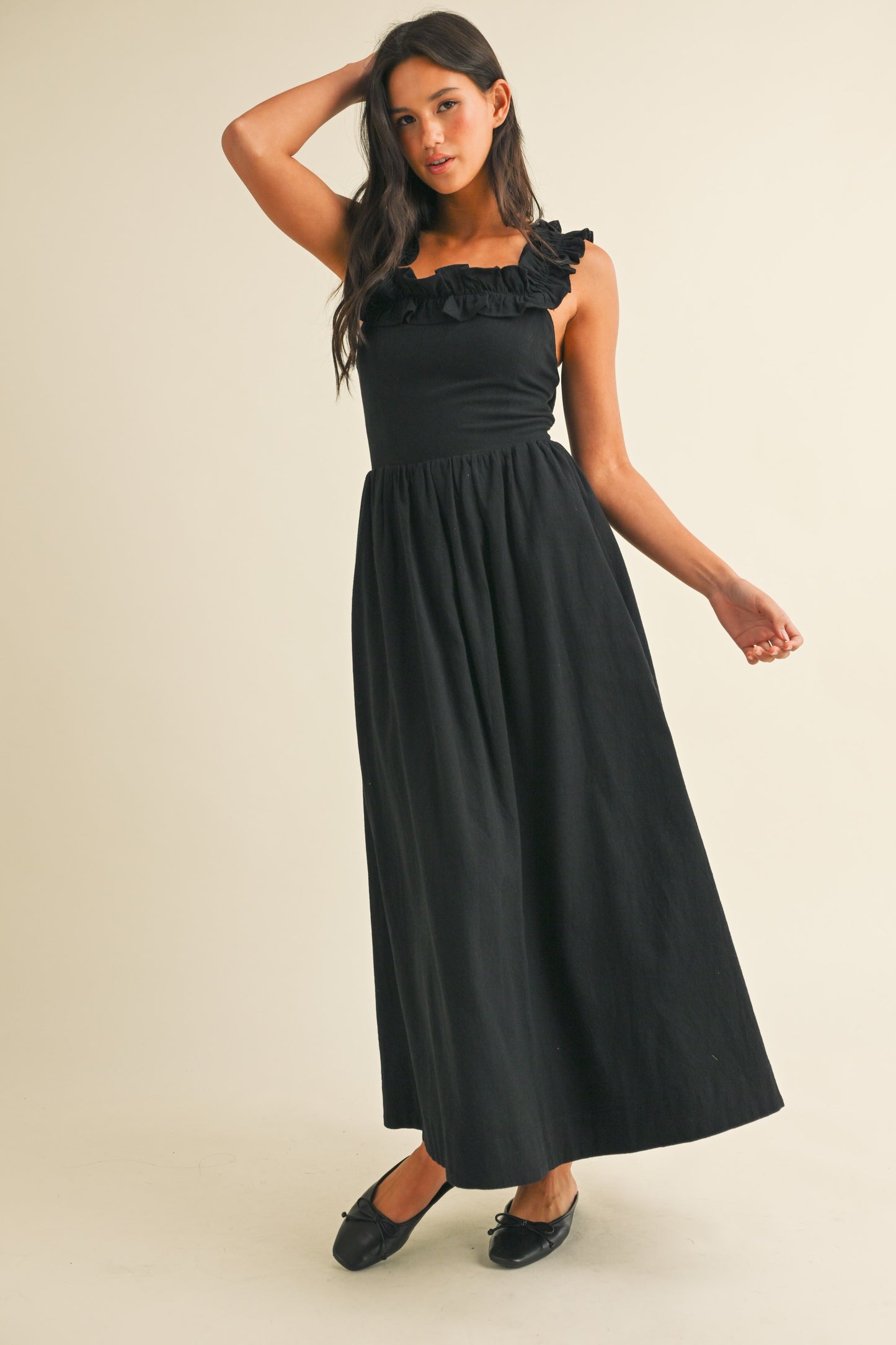 LINEN RUFFLE SQUARE NECKLINE MIDI DRESS