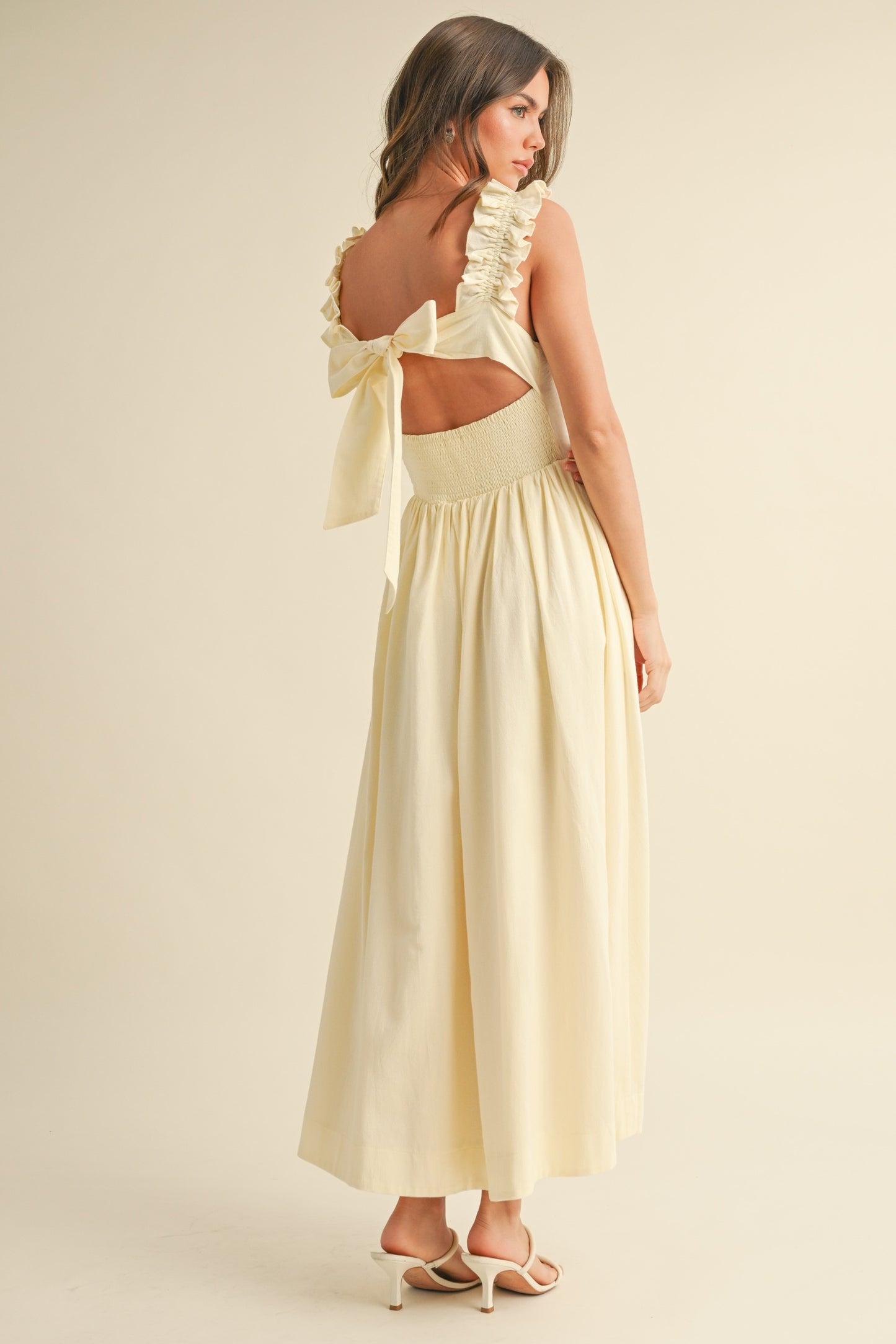 LINEN RUFFLE SQUARE NECKLINE MIDI DRESS