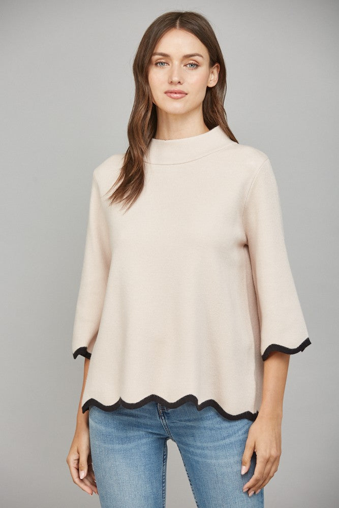SCALLOP EDGE MOCK NECK SWEATER