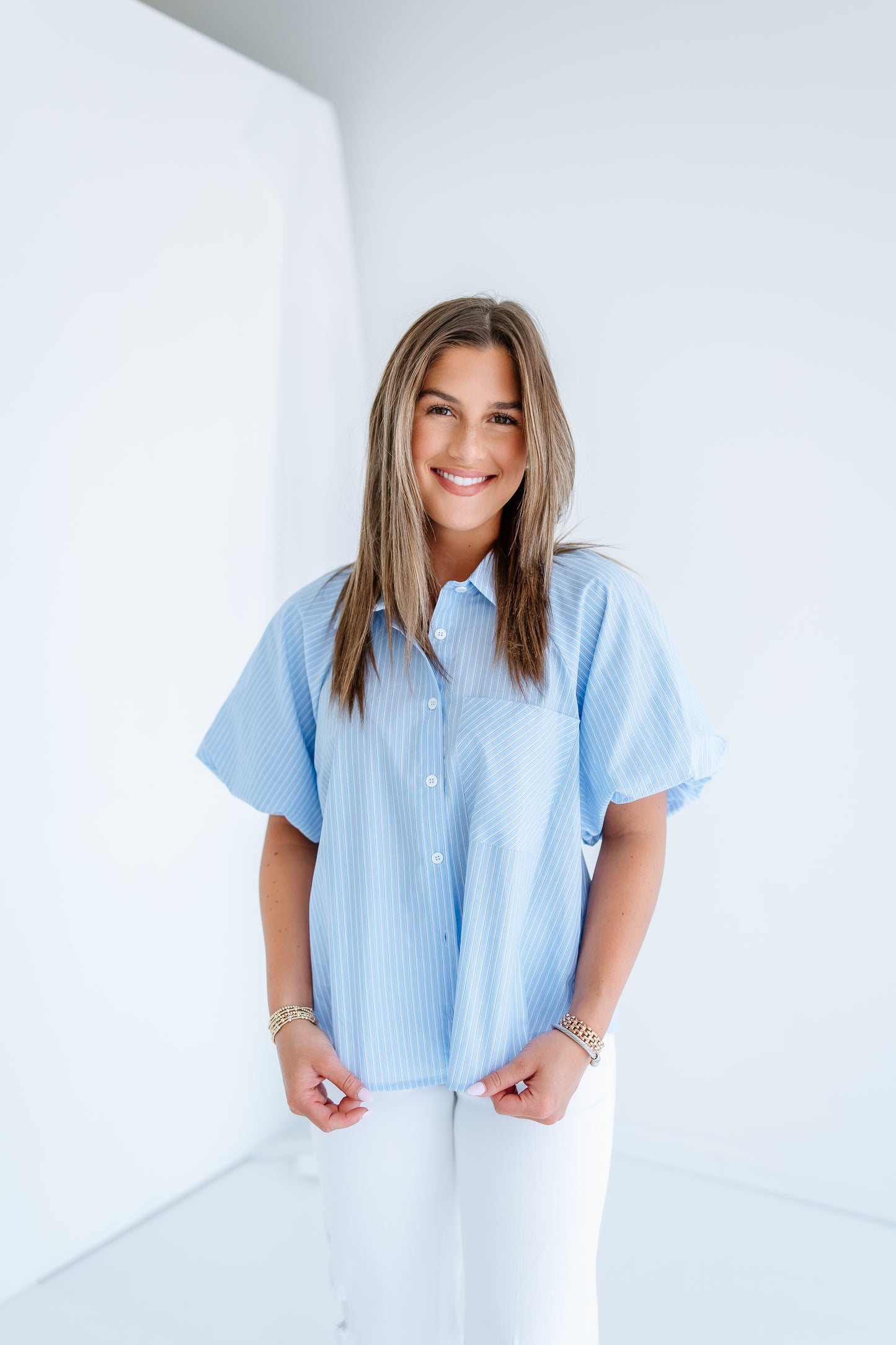 CANT SAY BOXY BUBBLE BUTTON DOWN TOP