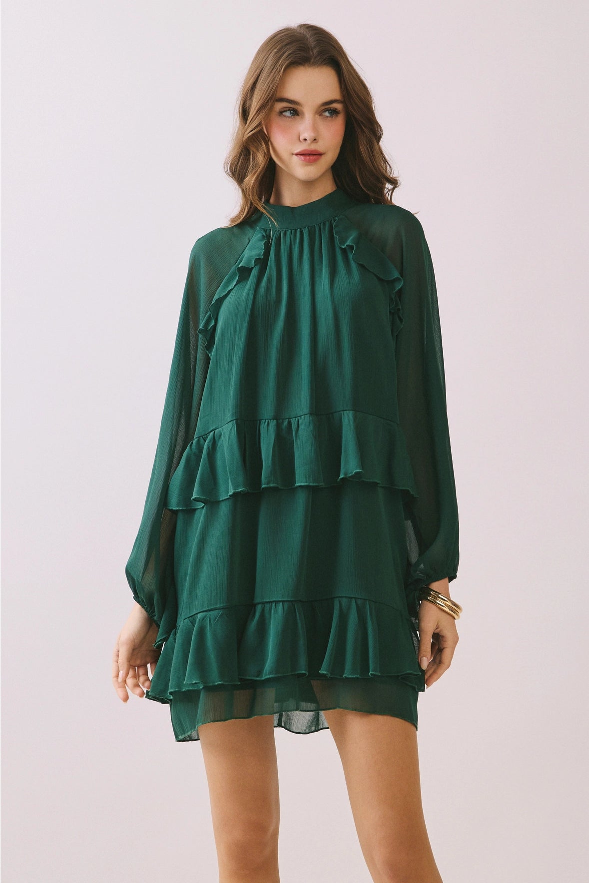 LONG SHEER RUFFLE MINI DRESS