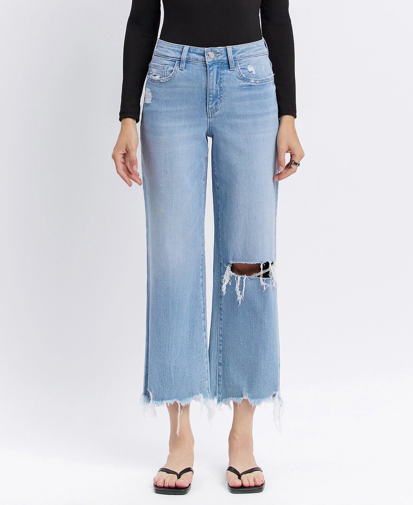 OLIVIA HIGH RISE DISTRESSED CROP WIDE JEANS