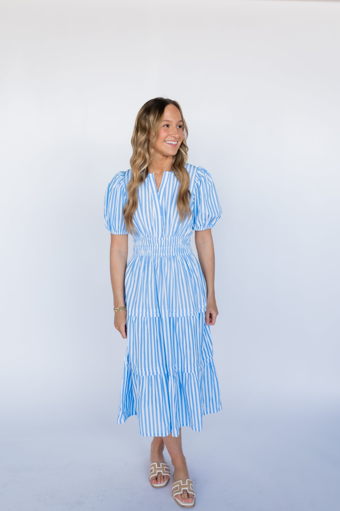 STRIPE ELASTIC WASIT PUFF SLEEVE MIDI DRESS