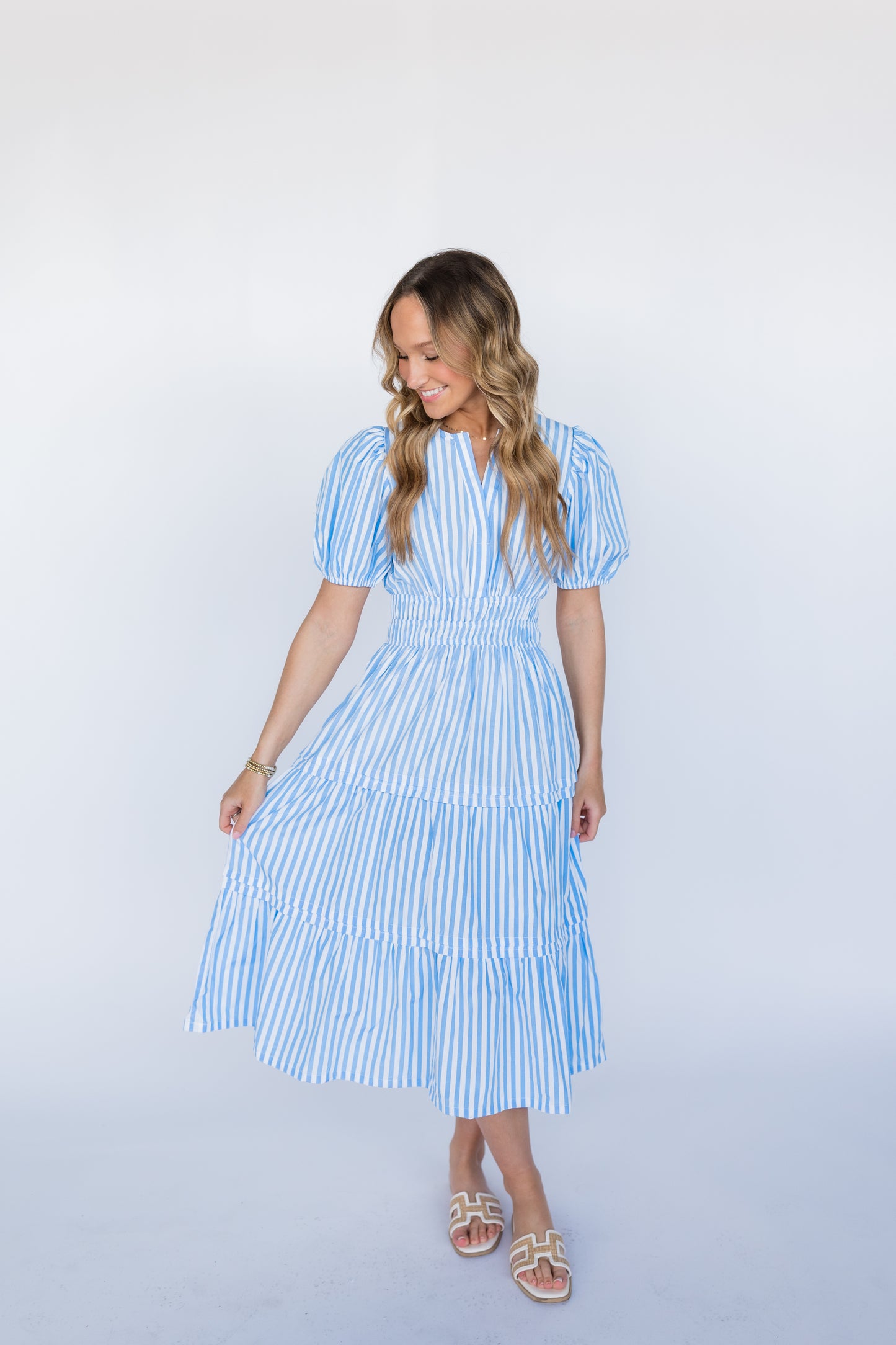 STRIPE ELASTIC WASIT PUFF SLEEVE MIDI DRESS