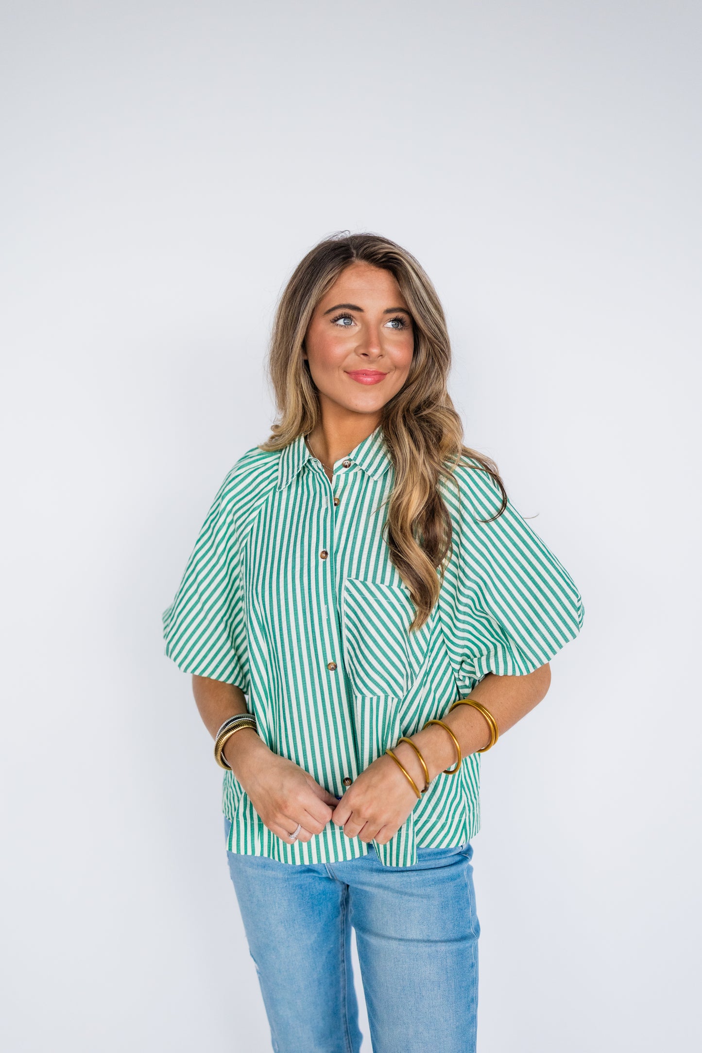 BUBBLE SLEEVE STRIPE BLOUSE TOP