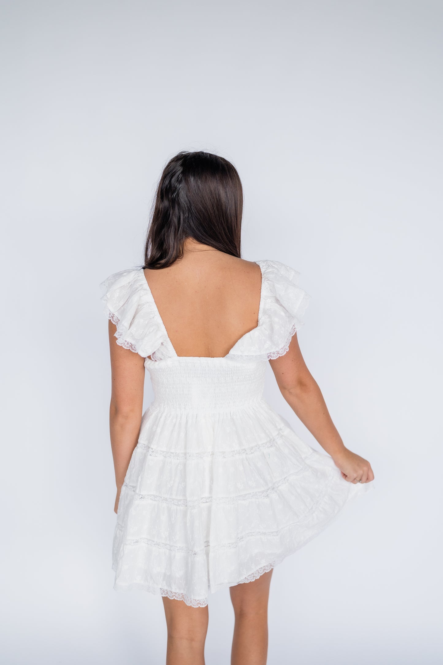 HEARD ABOUT ME EYELET SMOCKED MINI DRESS