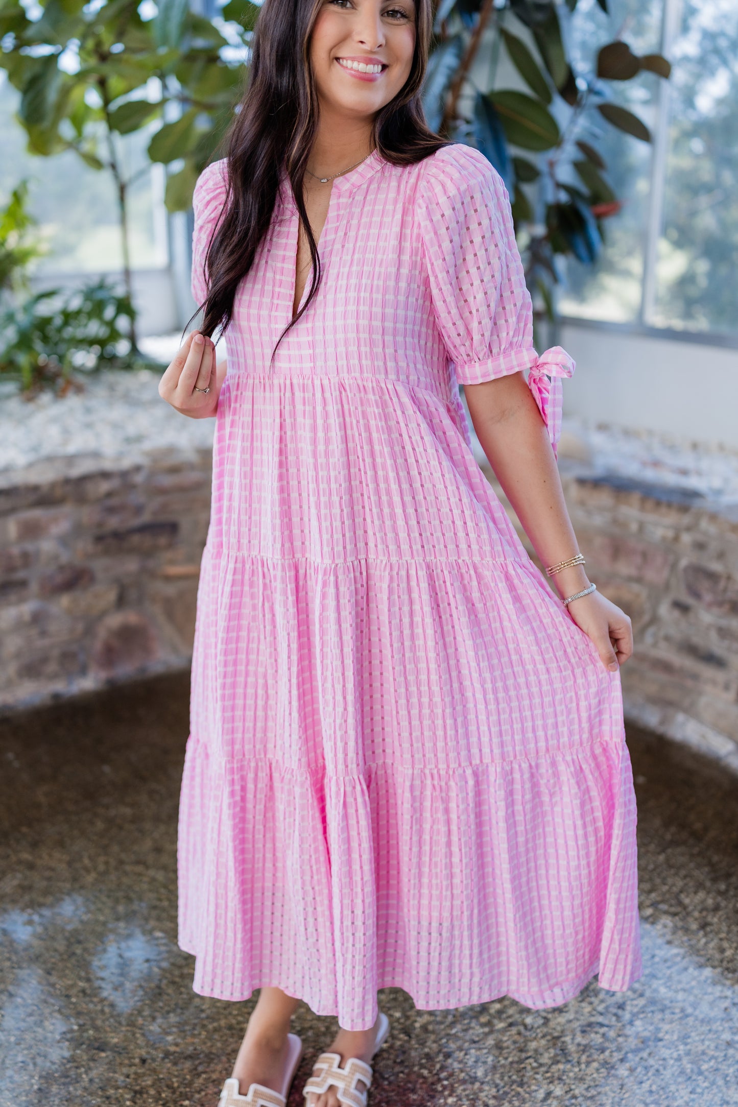 BOW SLEEVE GINGHAM TIERED MIDI DRESS