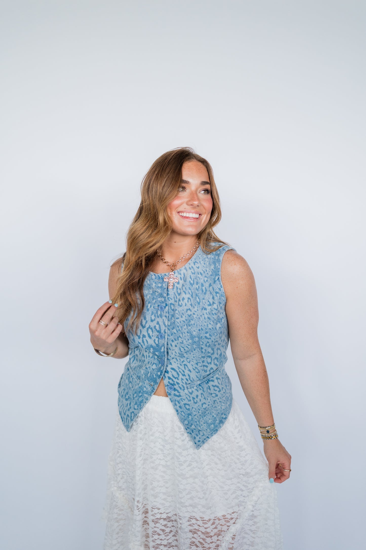 DENIM LEOPARD BUTTON UP VEST