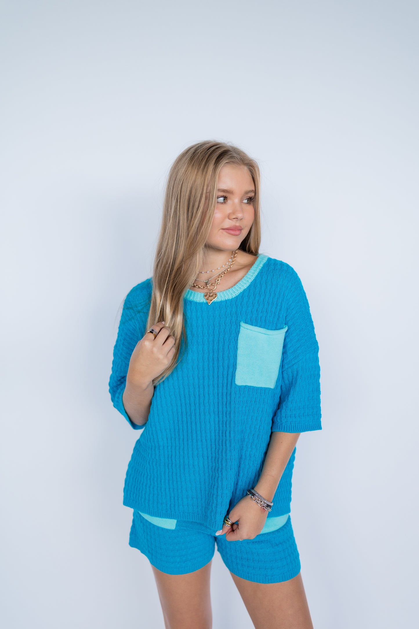 WAFFLE TEXTURED SWEATER TOP AND SHORTS SET