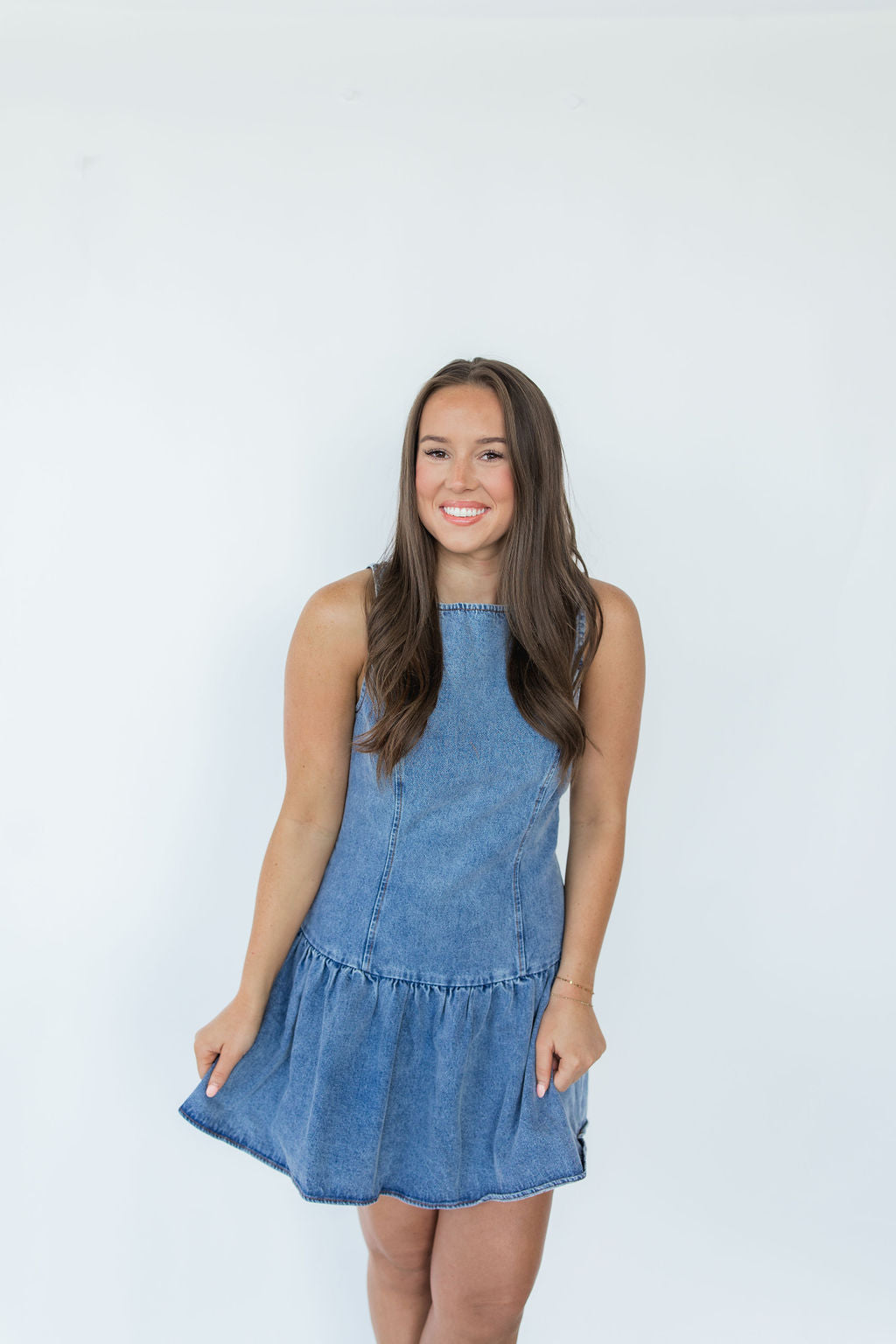 BOAT NECK BALLOON DENIM DRESS
