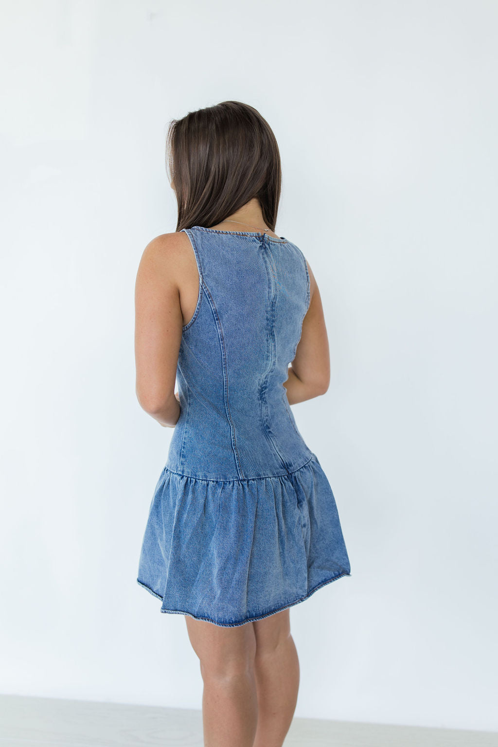 BOAT NECK BALLOON DENIM DRESS