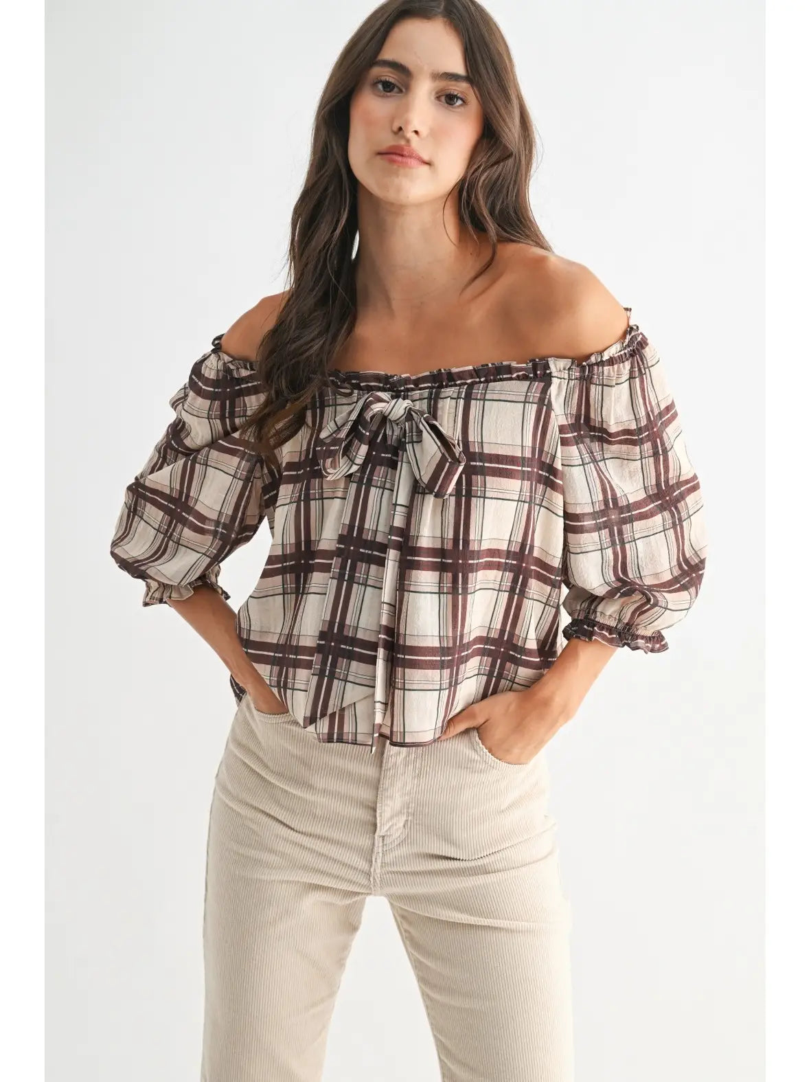 PLAID PRINT OFF THE SHOULDER BLOUSE