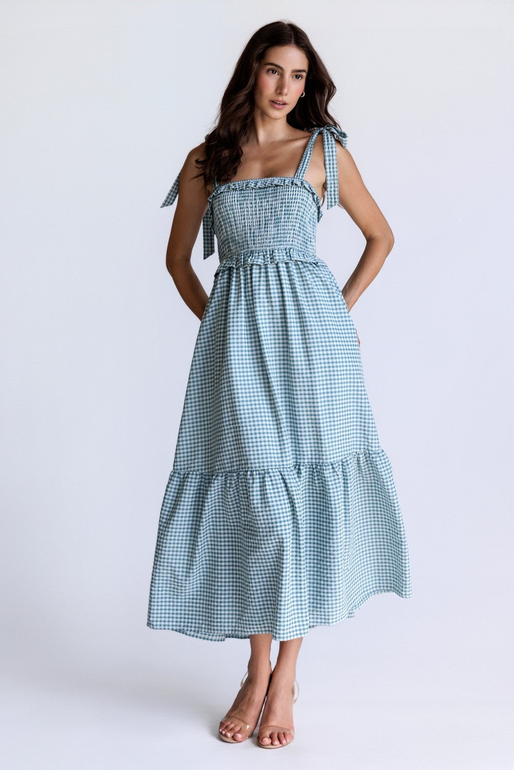 SMOCKED GINGHAM MIDI DRESS