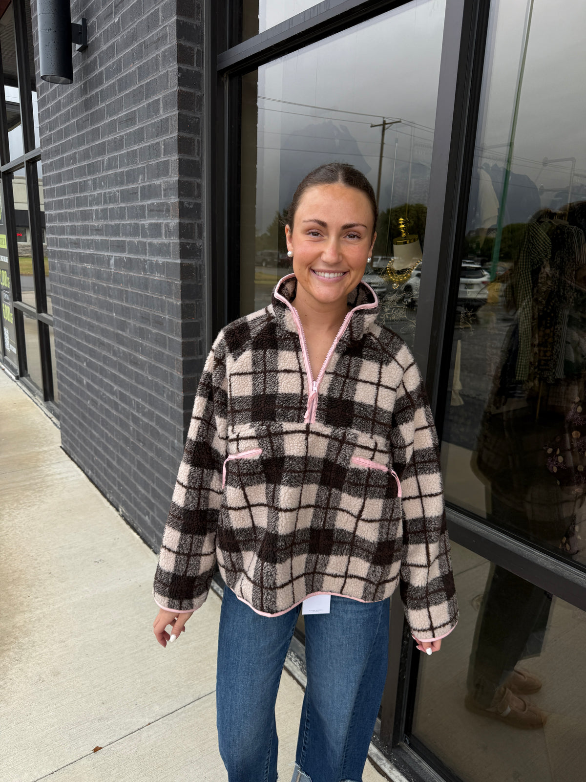 PLAID SHERPA HALF ZIP