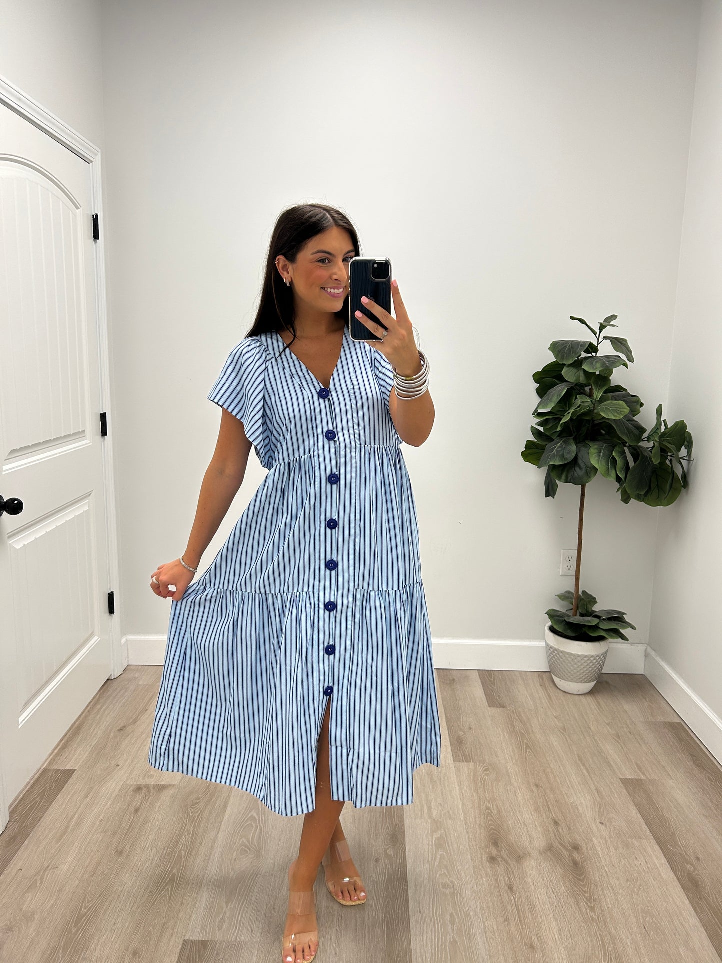 STRIPE FLUTTER SLEEVE MIDI DRESS
