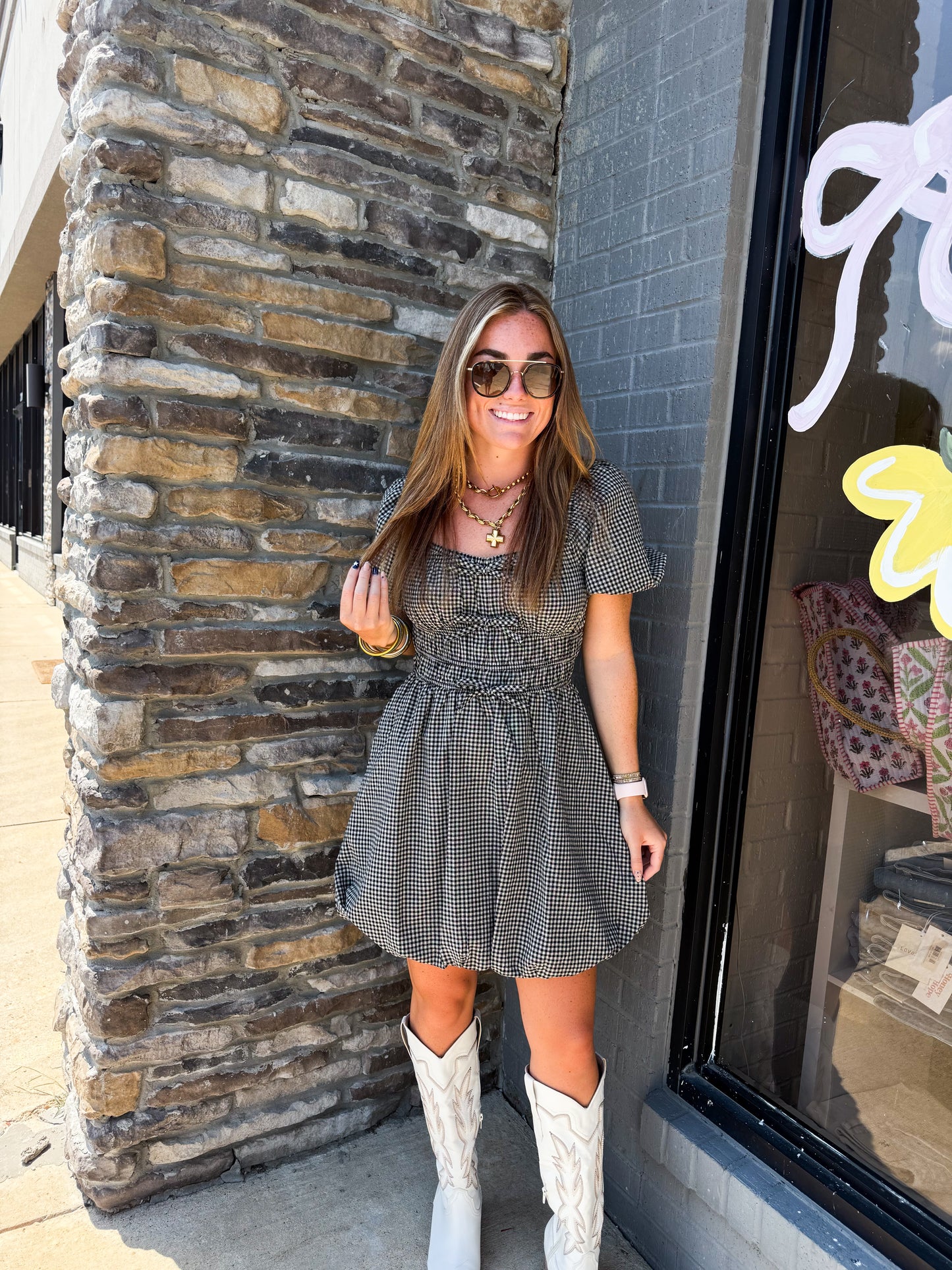 GINGHAM PUFF SLEEVE MINI DRESS