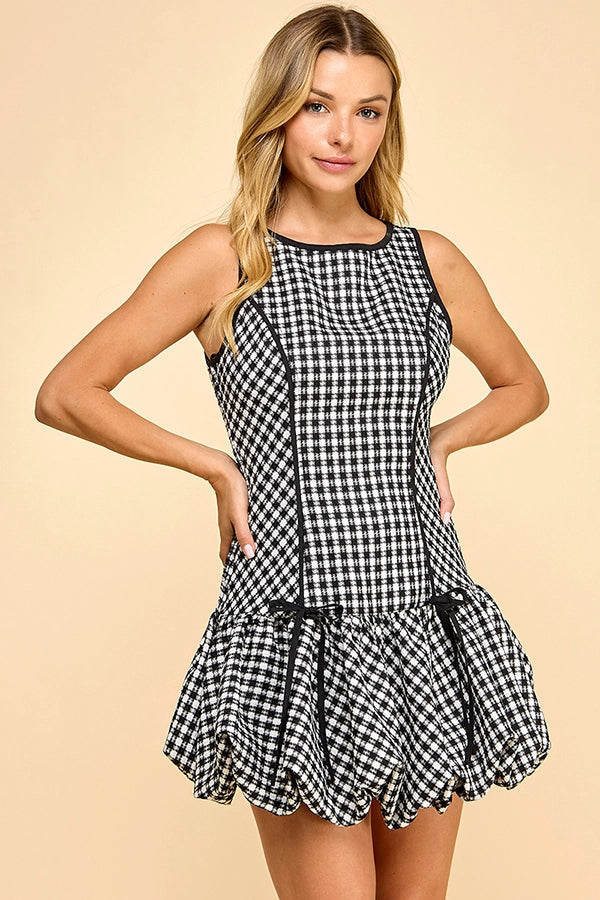 ROUND NECK GINGHAM MINI DRESS