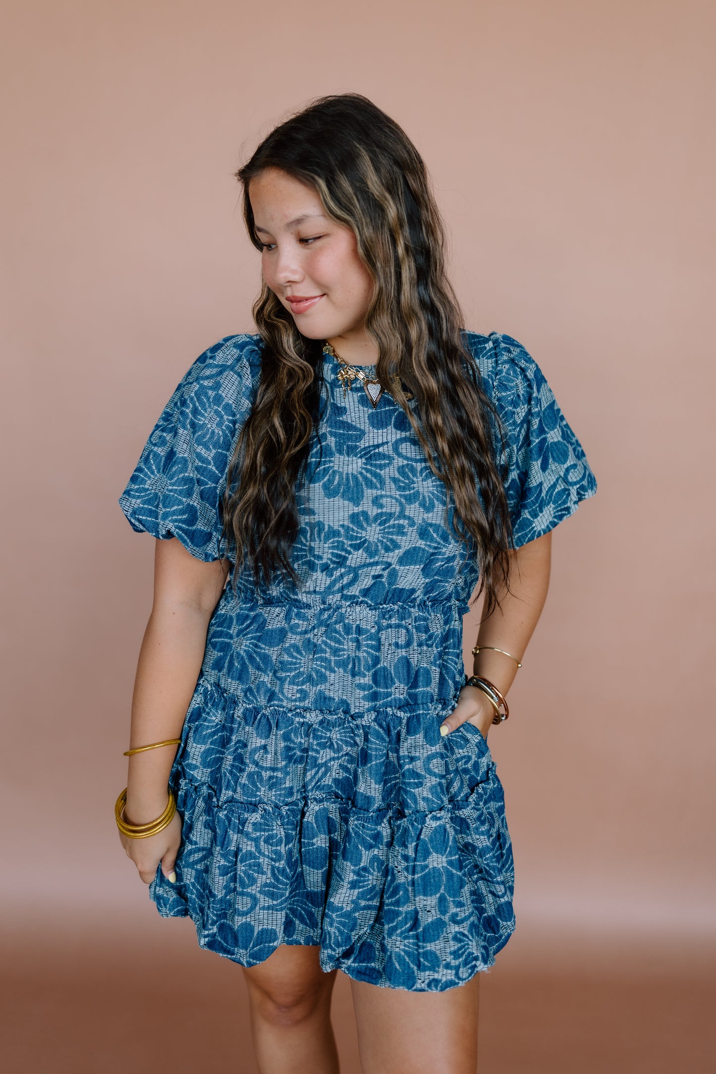 BLUE FLORAL BUBBLE HEM DRESS
