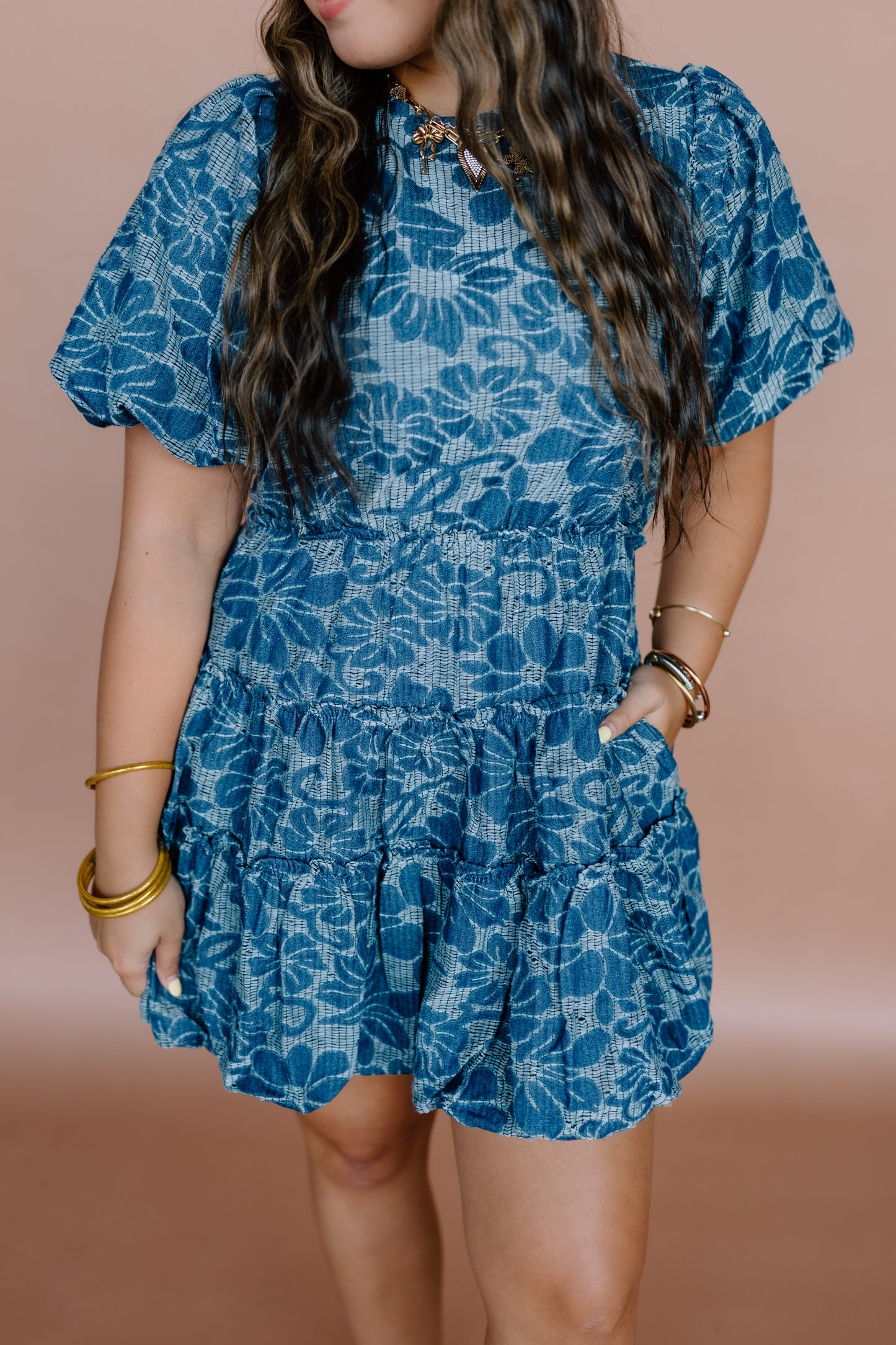 BLUE FLORAL BUBBLE HEM DRESS