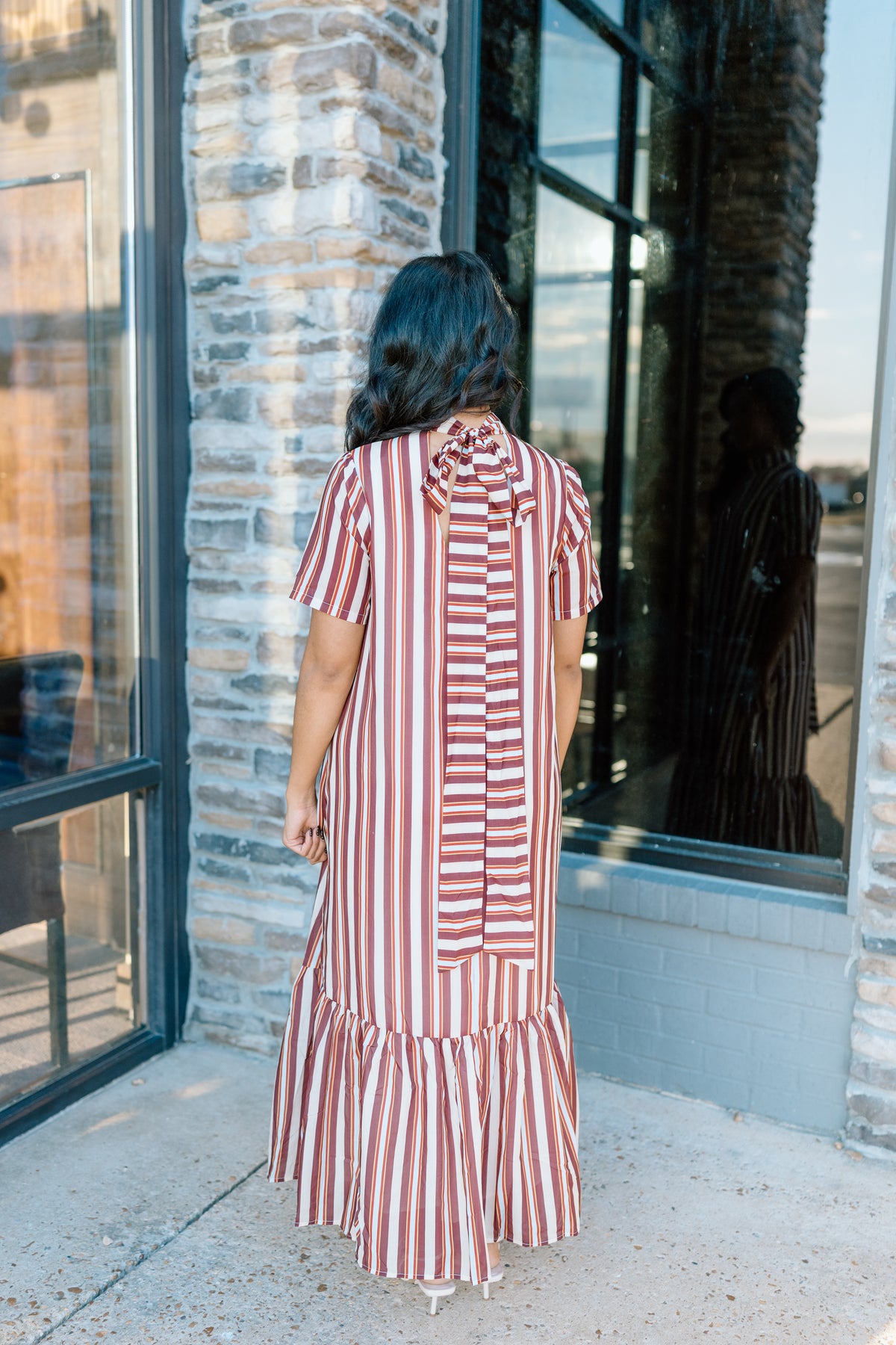 STRIPE TIE BACK RUFFLE HEM MAXI DRESS