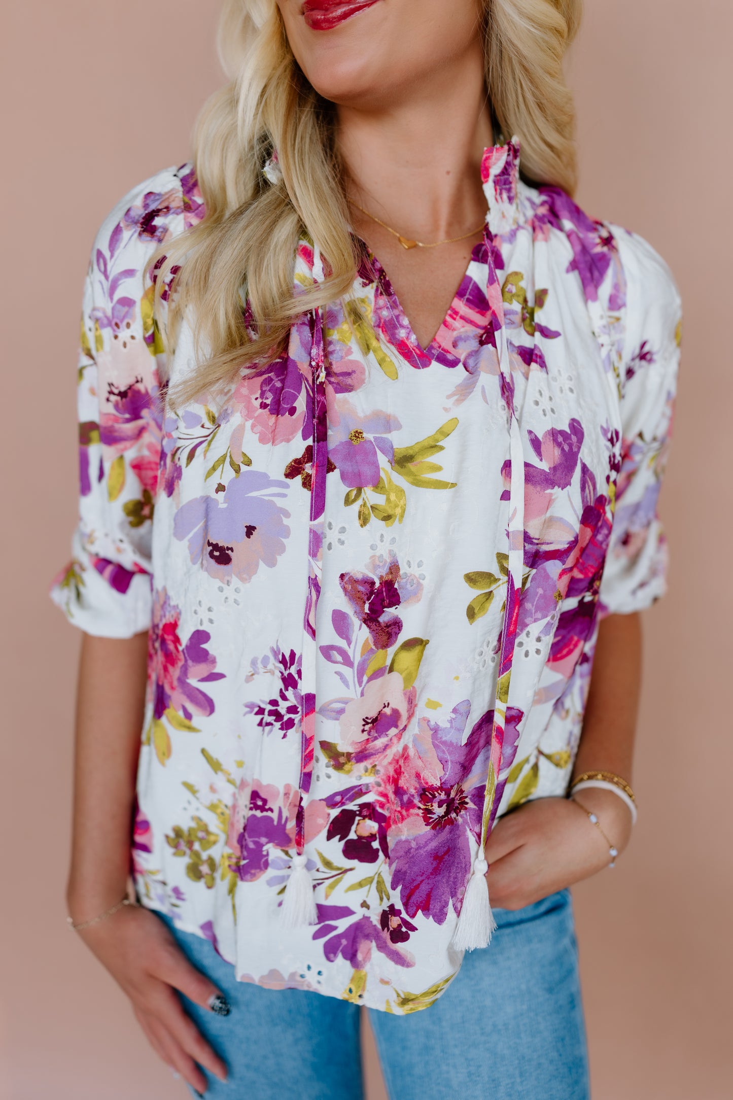 RASPBERRY FLORAL PRINT EYELET BLOUSE