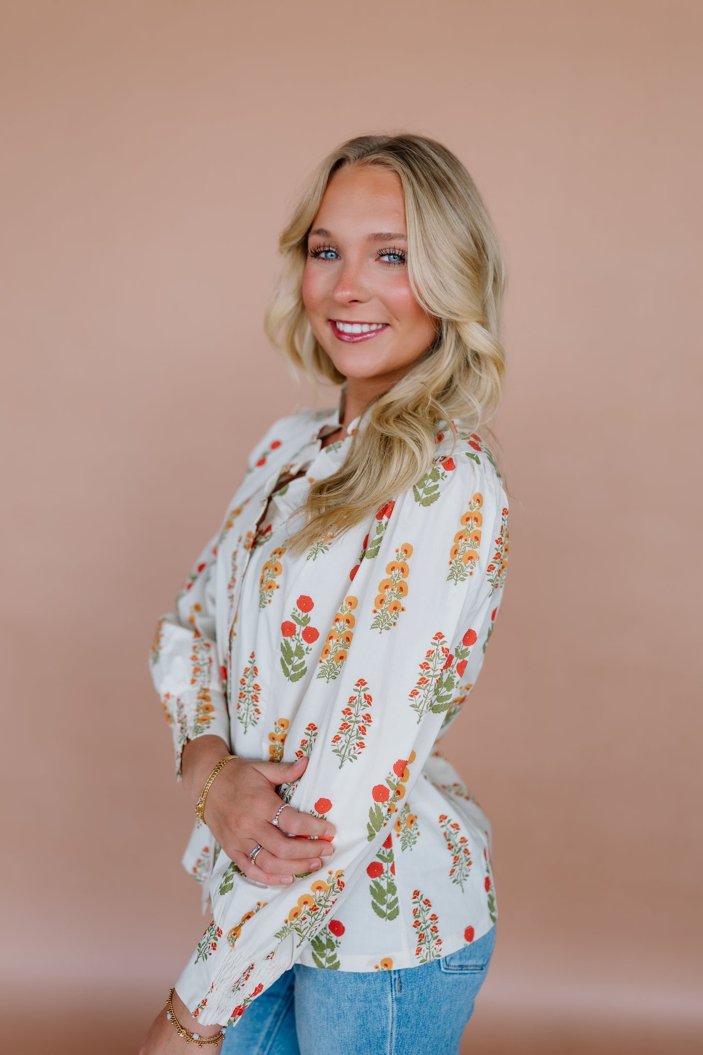 CREAM FLORAL RUFFLE COLLAR BLOUSE
