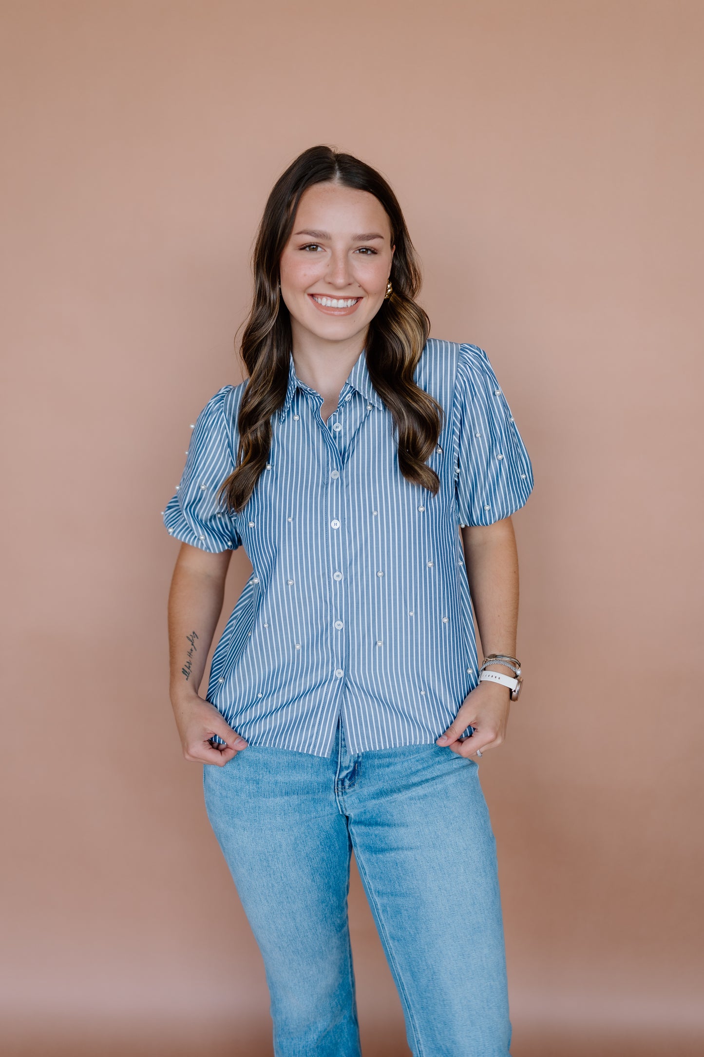 PEARL TRIM STRIPE TOP