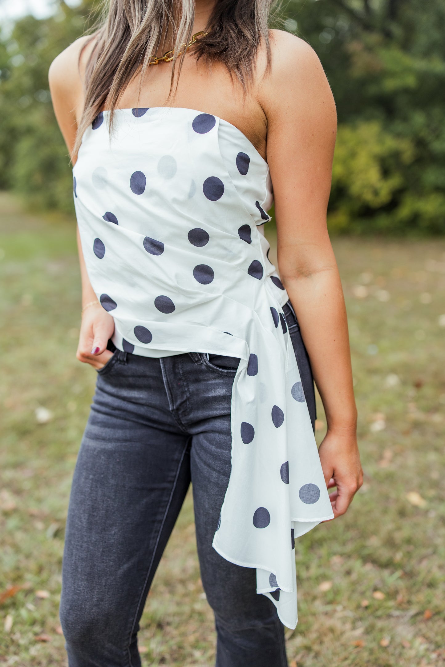 DRAPED PLEATED POLKA DOT TOP