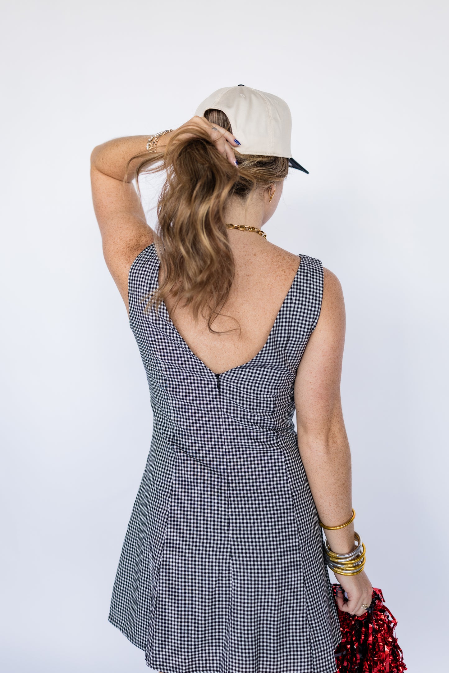 GINGHAM PRINT HIGH NECK MINI DRESS