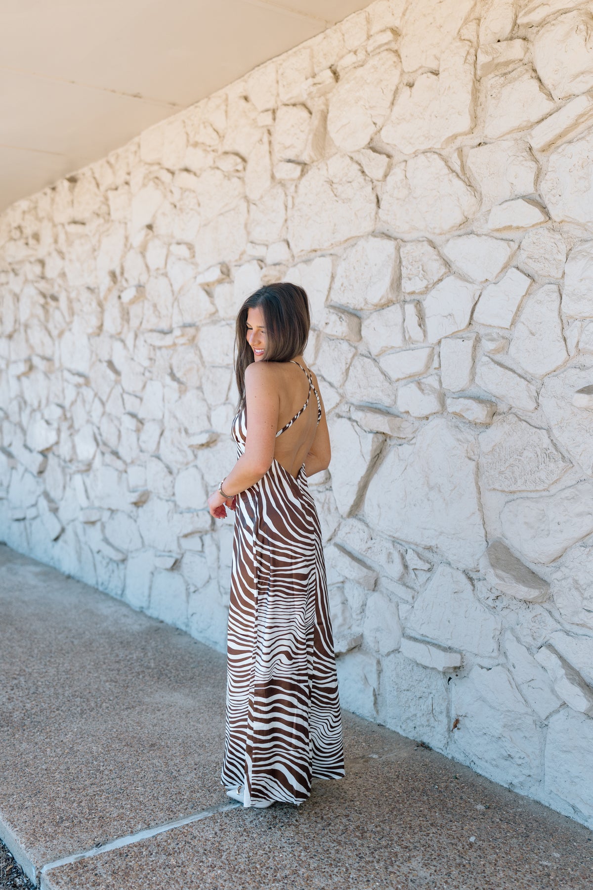 IVORY AND BROWN ZEBRA MIDI DRESS