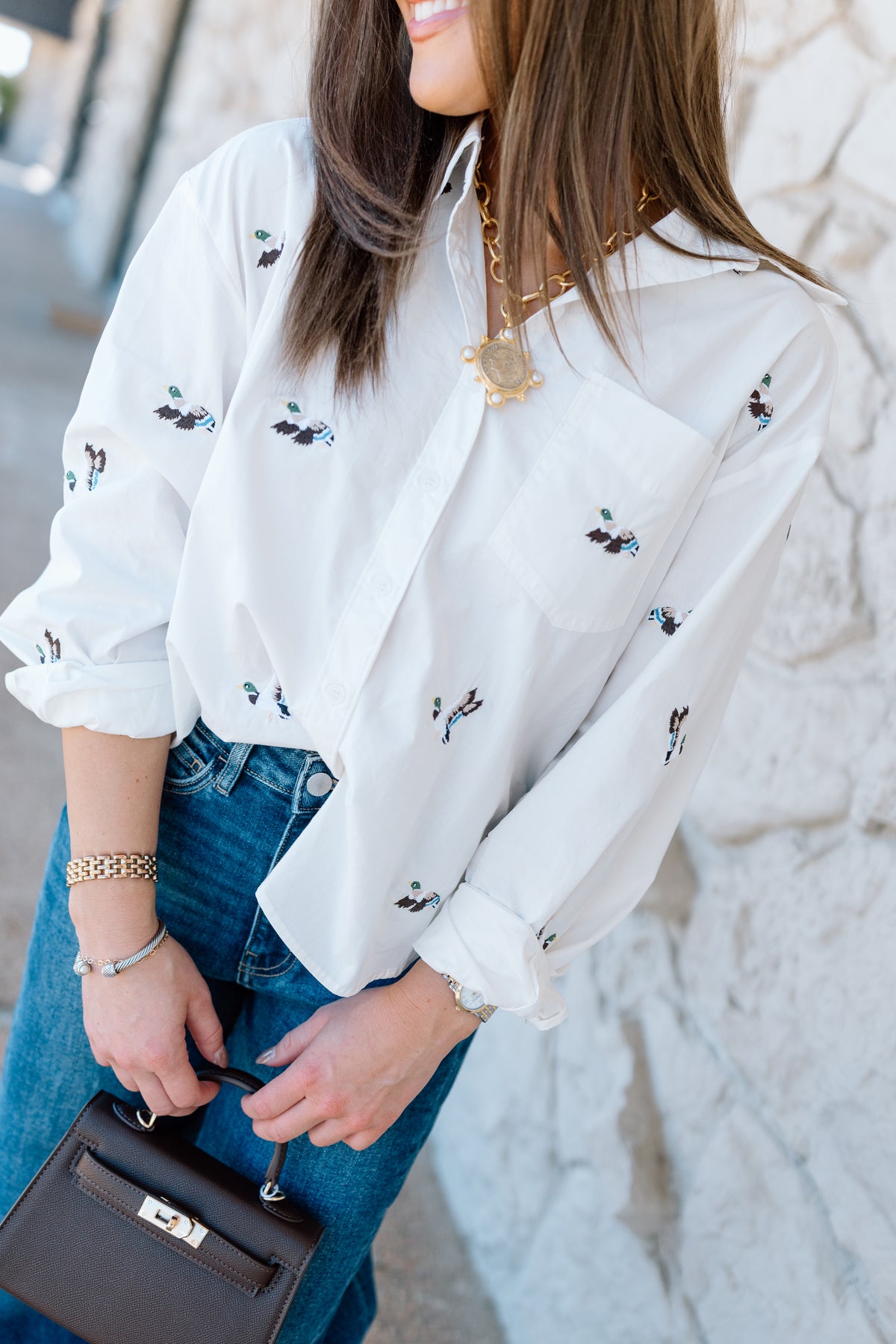 EMBROIDERED DUCK BUTTON DOWN TOP- 3 COLORS