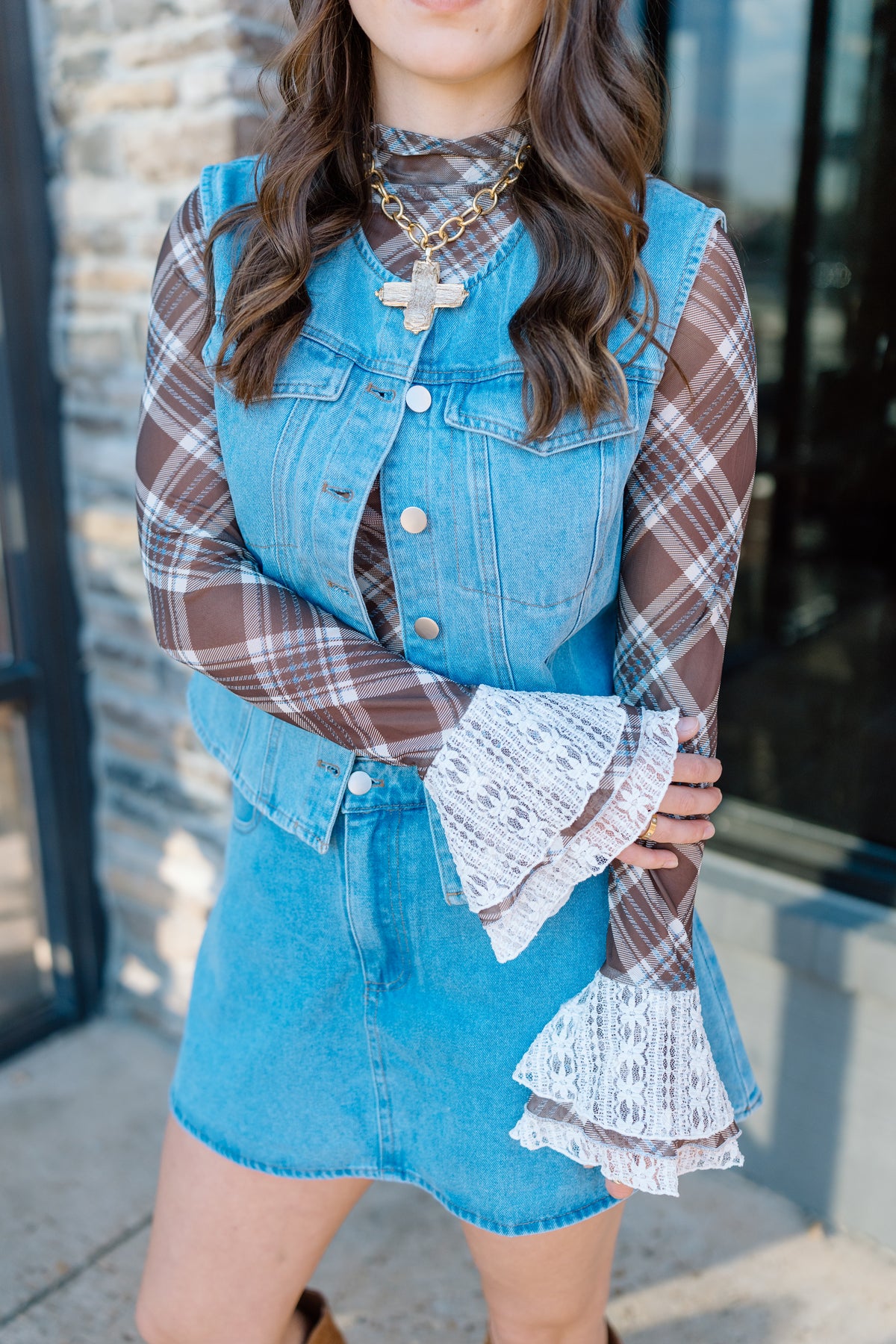PLAID STRETCH BELL SLEEVE TOP