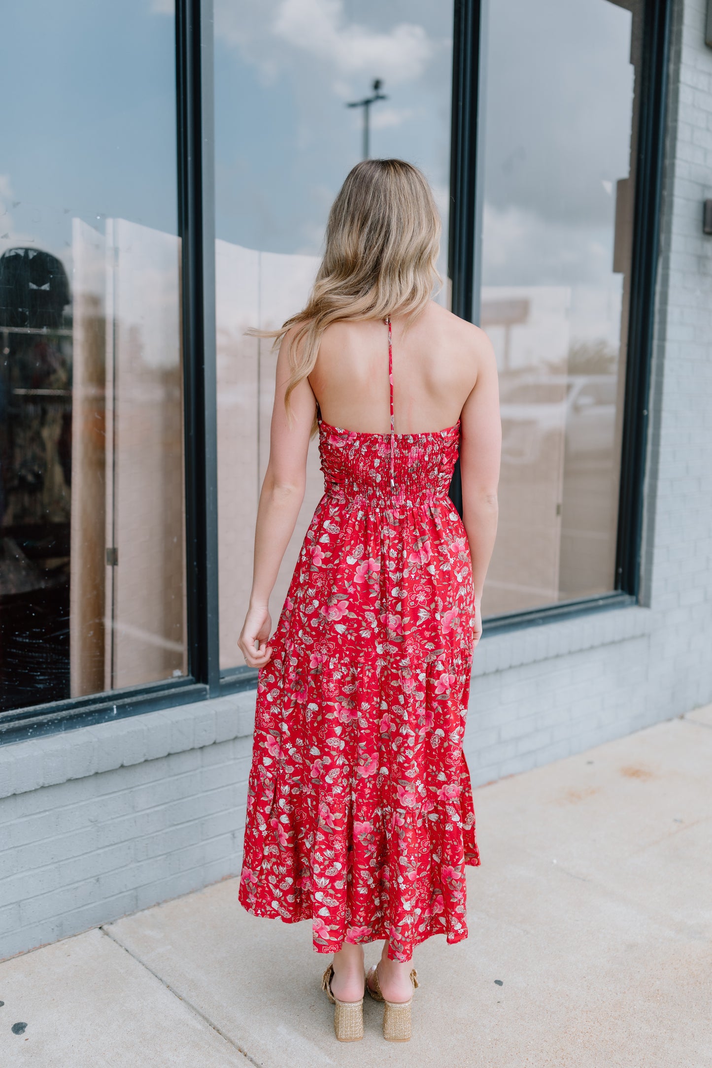 FLORAL PRINT HALTER MIDI DRESS