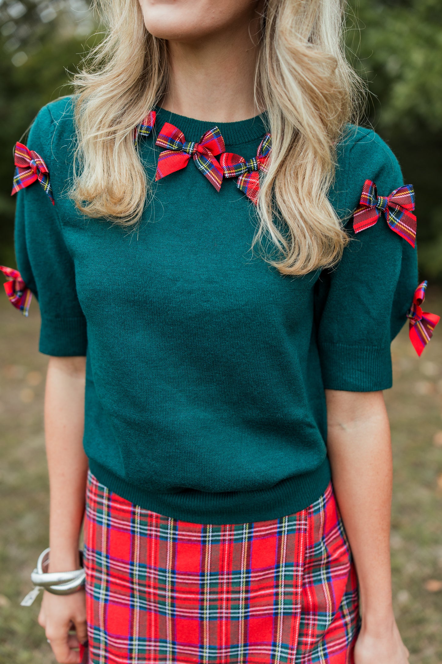 LOTS OF CHEER PLAID BOW DETAIL SWEATER