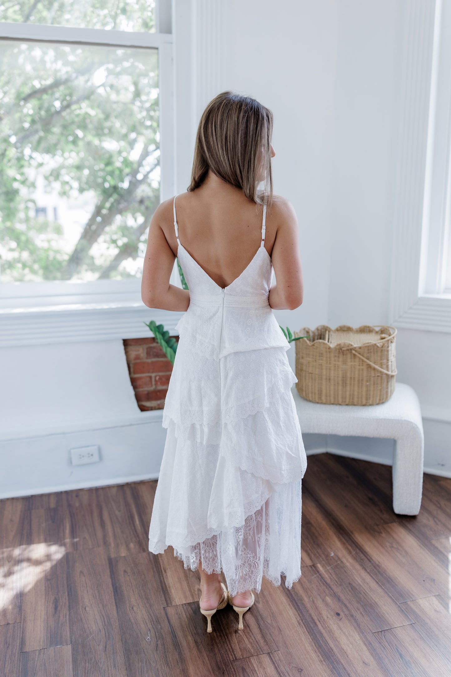 WHITE EYELET LACE MIDI DRESS