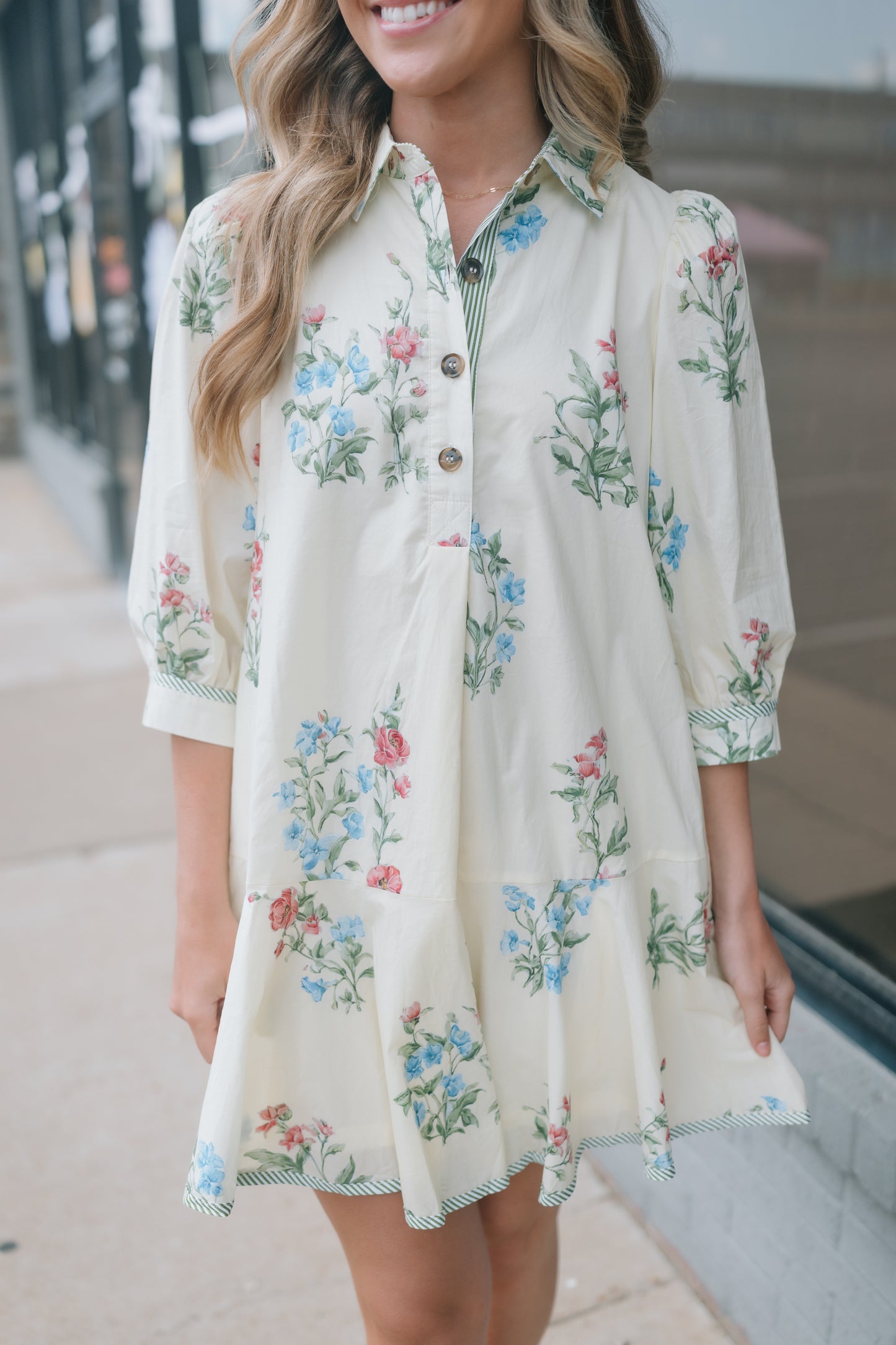 FLORAL STRIPE CUFF MINI DRESS