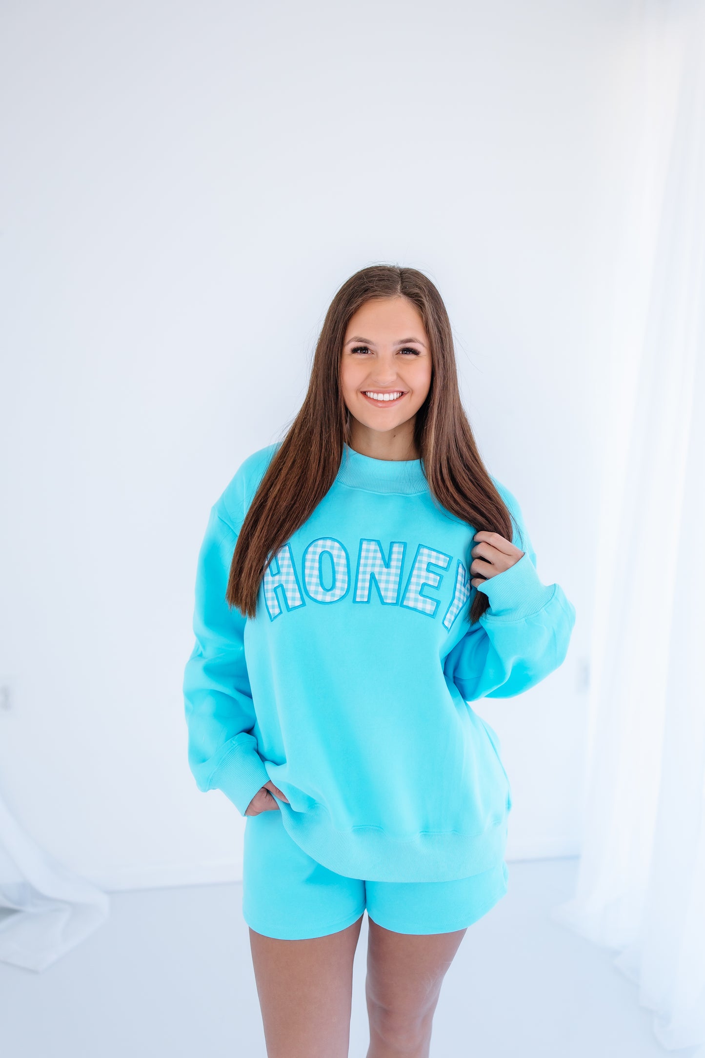 BLUE GINGHAM HONEY MOCK NECK