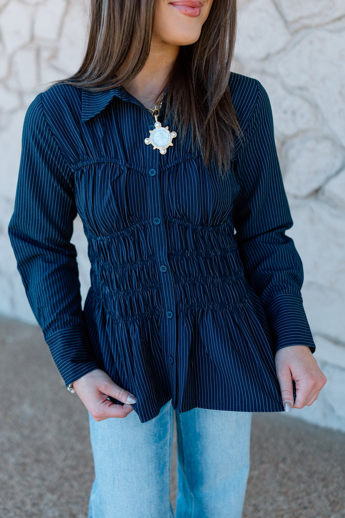PINSTRIPE SMOCKED PEPLUM TOP