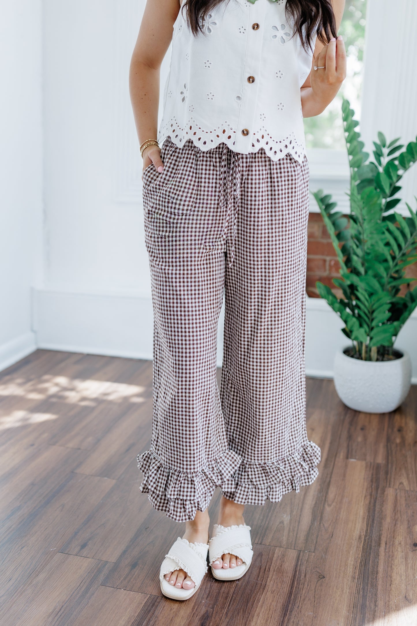 GINGHAM FLUTTER BOTTOM PANTS