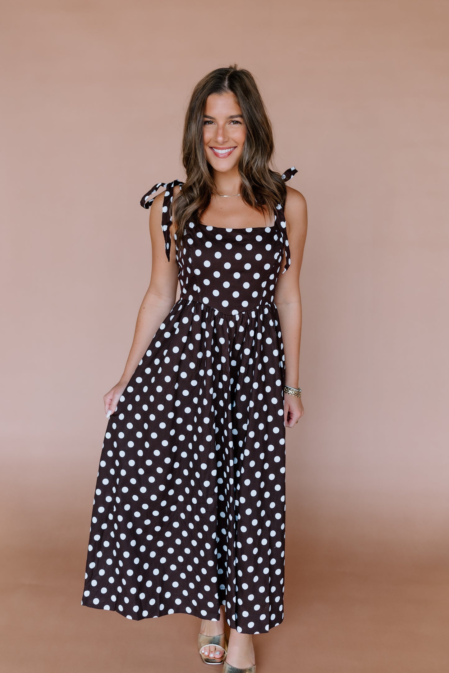 BASQUE WAIST POLKA DOT MIDI DRESS