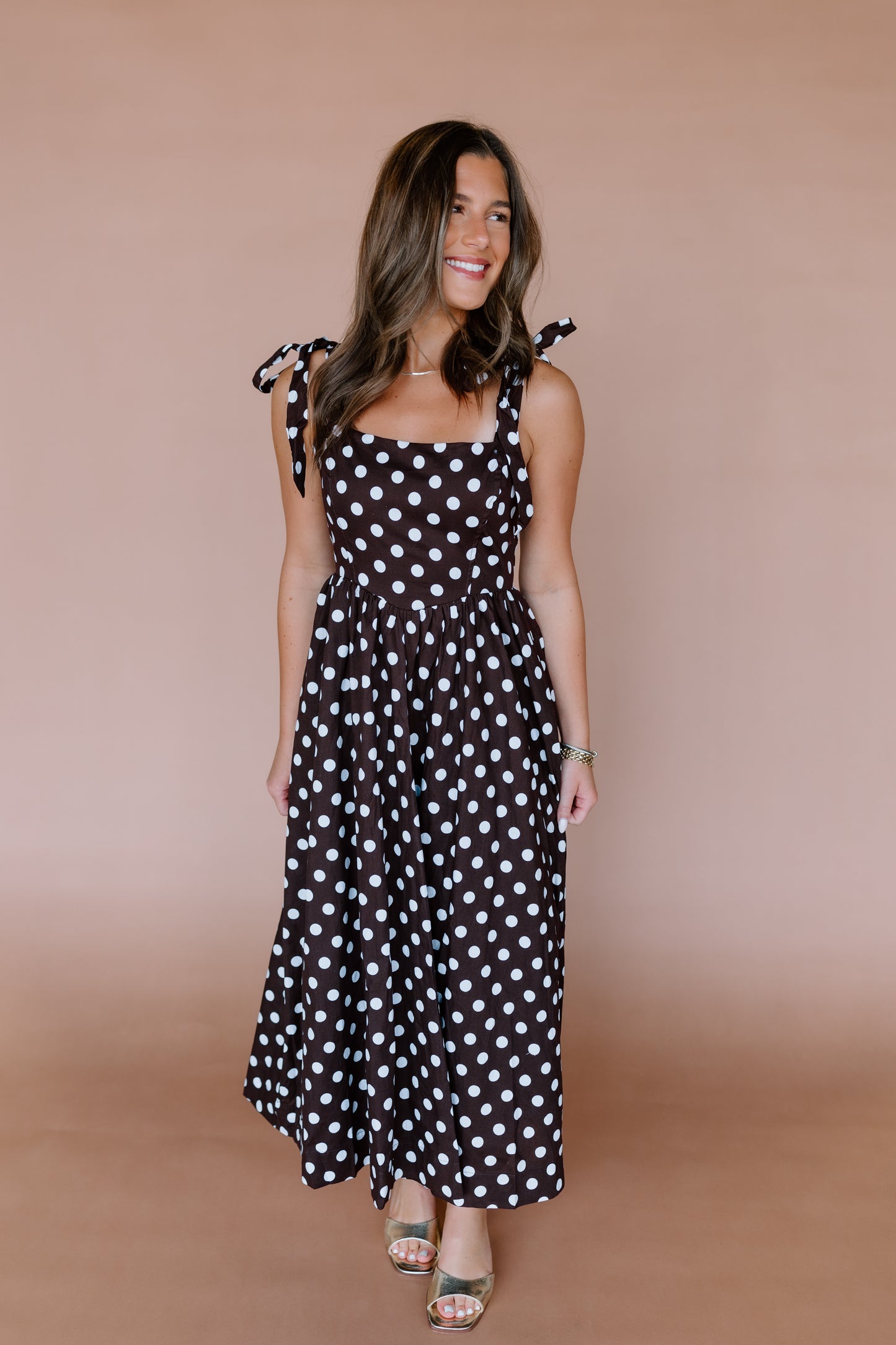 BASQUE WAIST POLKA DOT MIDI DRESS