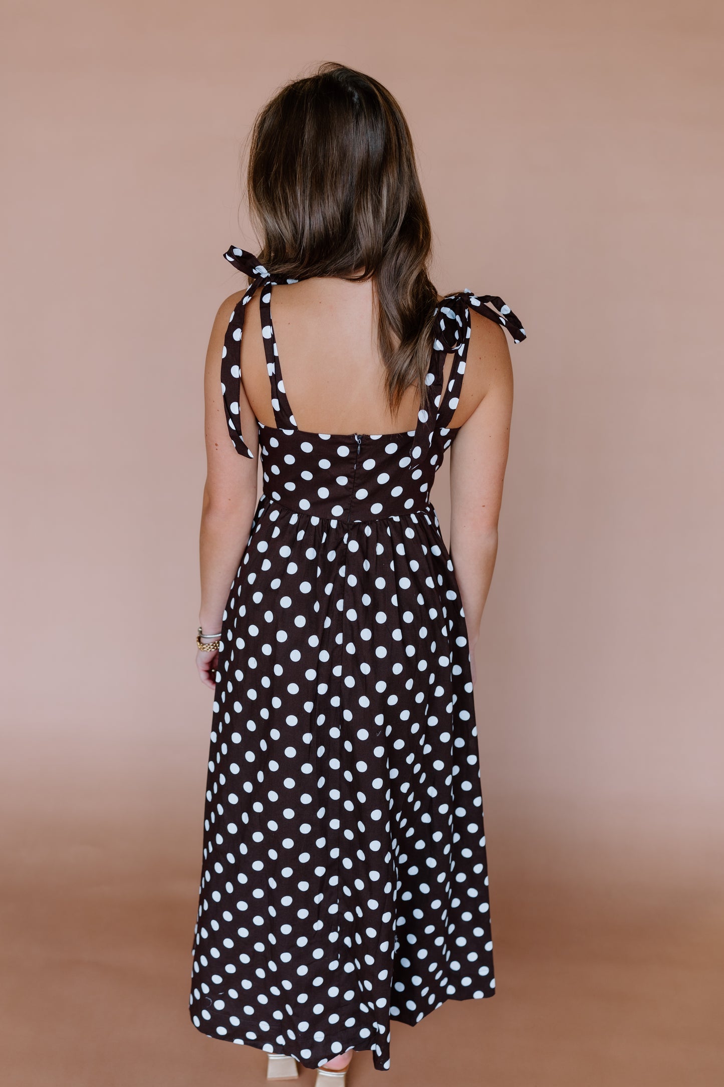 BASQUE WAIST POLKA DOT MIDI DRESS