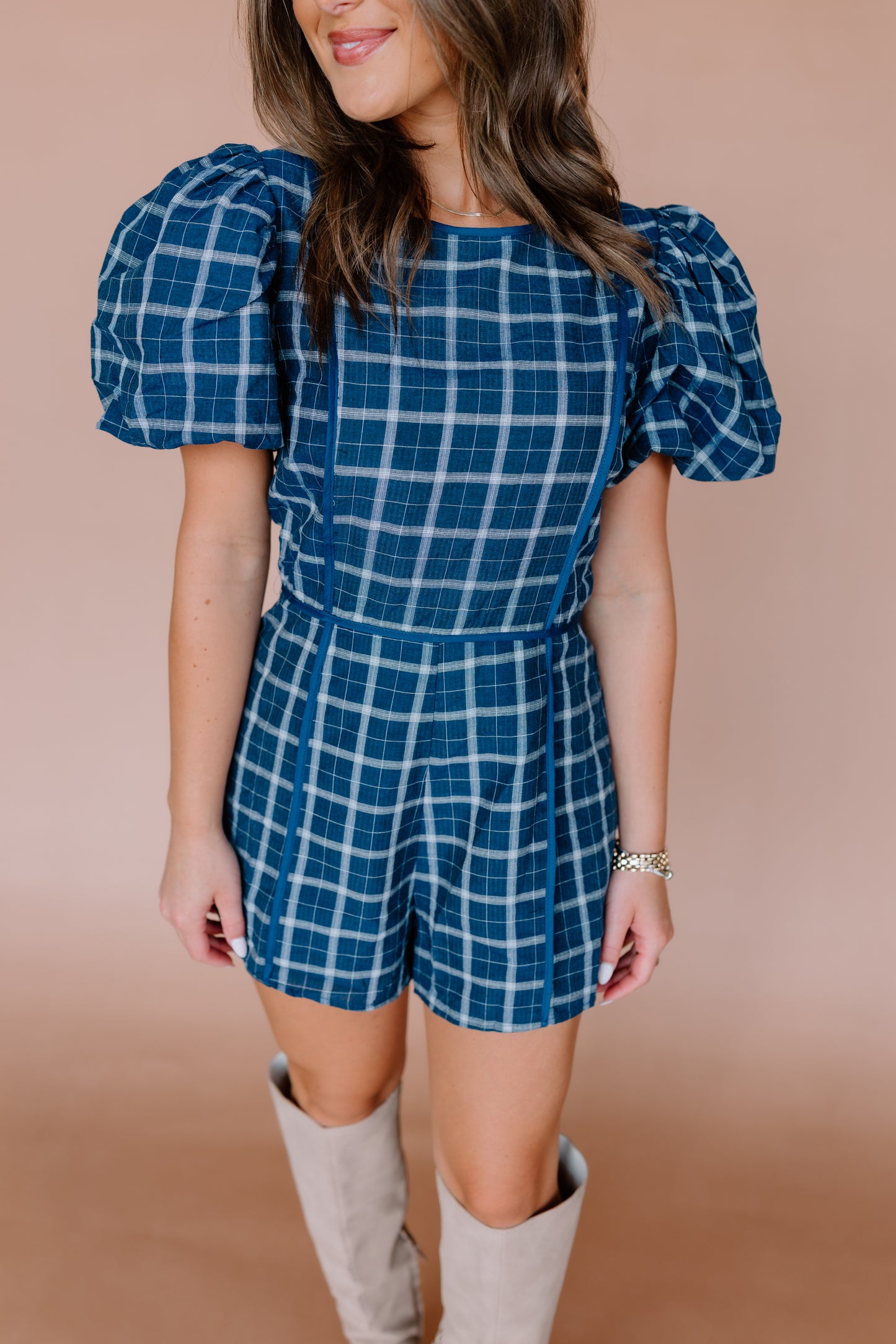 PLAID PUFF SLEEVE ROMPER