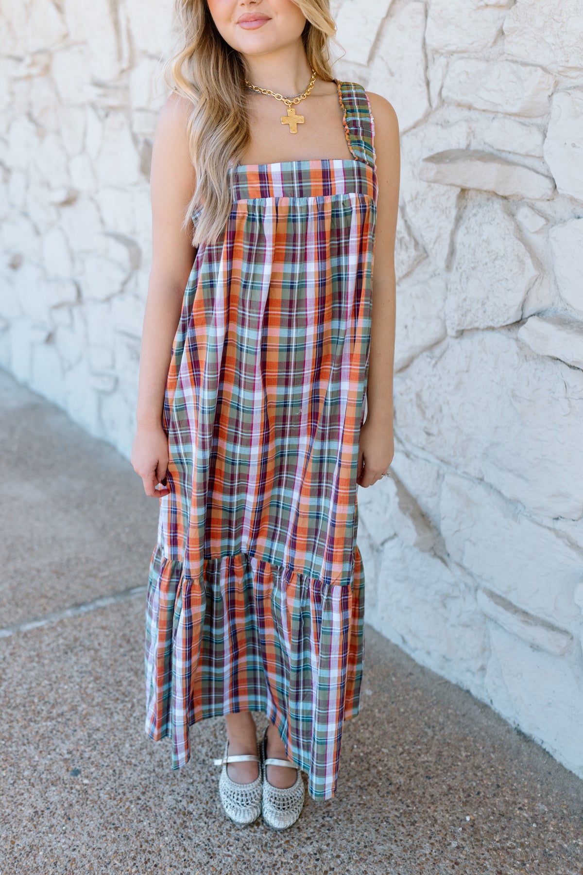 MULTI PLAID MIDI DRESS