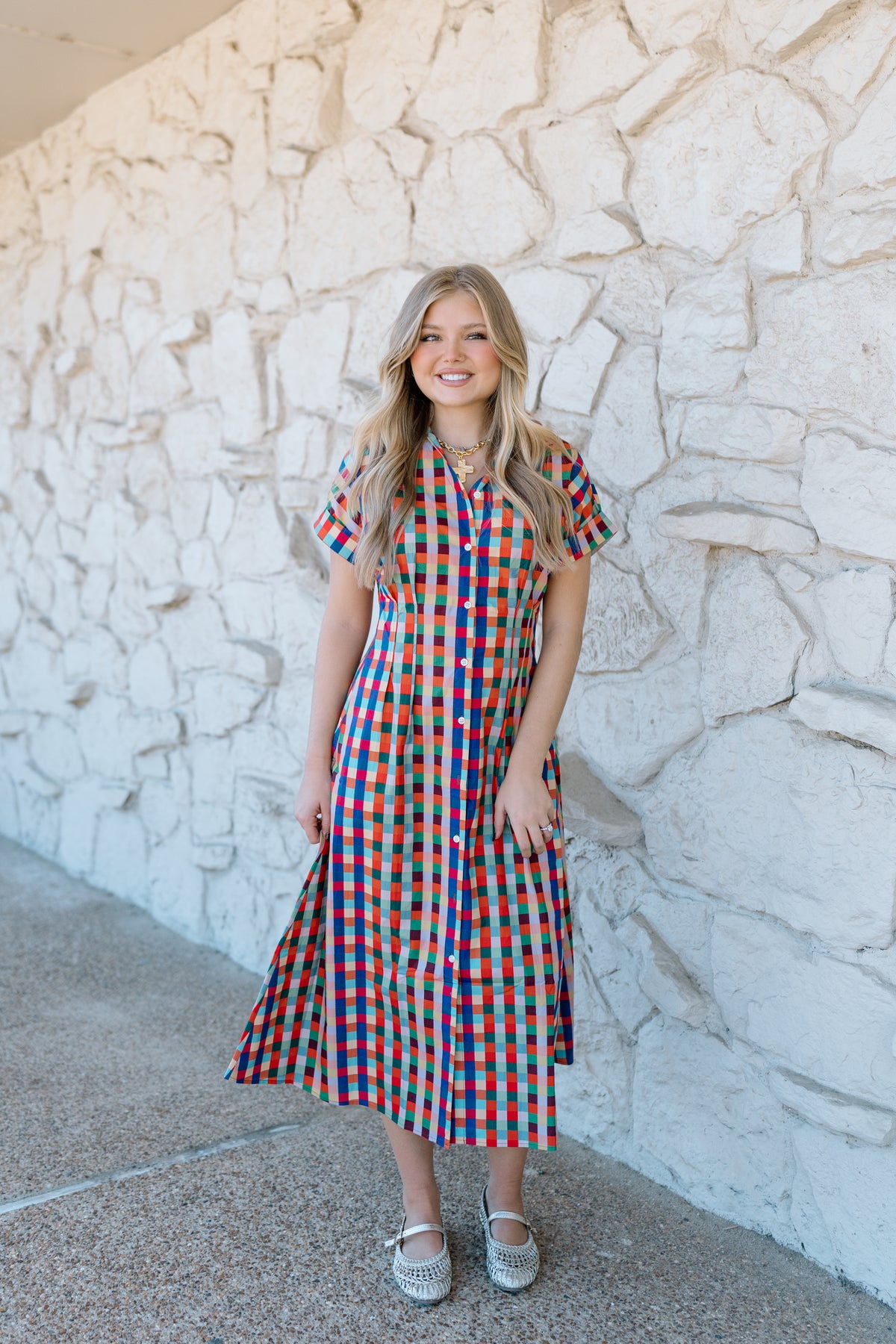 CHECK MULTICOLOR MIDI DRESS