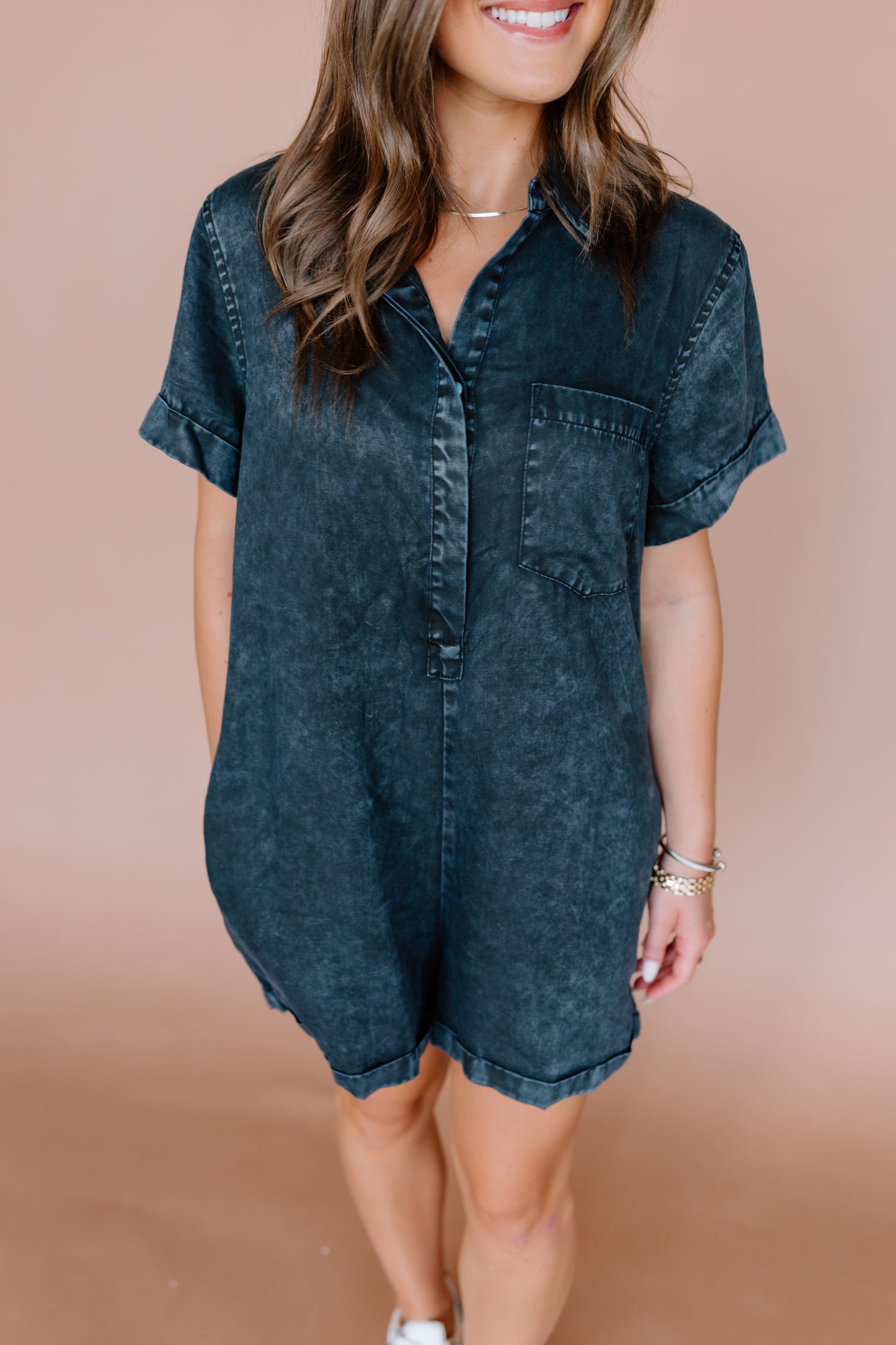 WASHED DENIM CUFF SLEEVE ROMPER