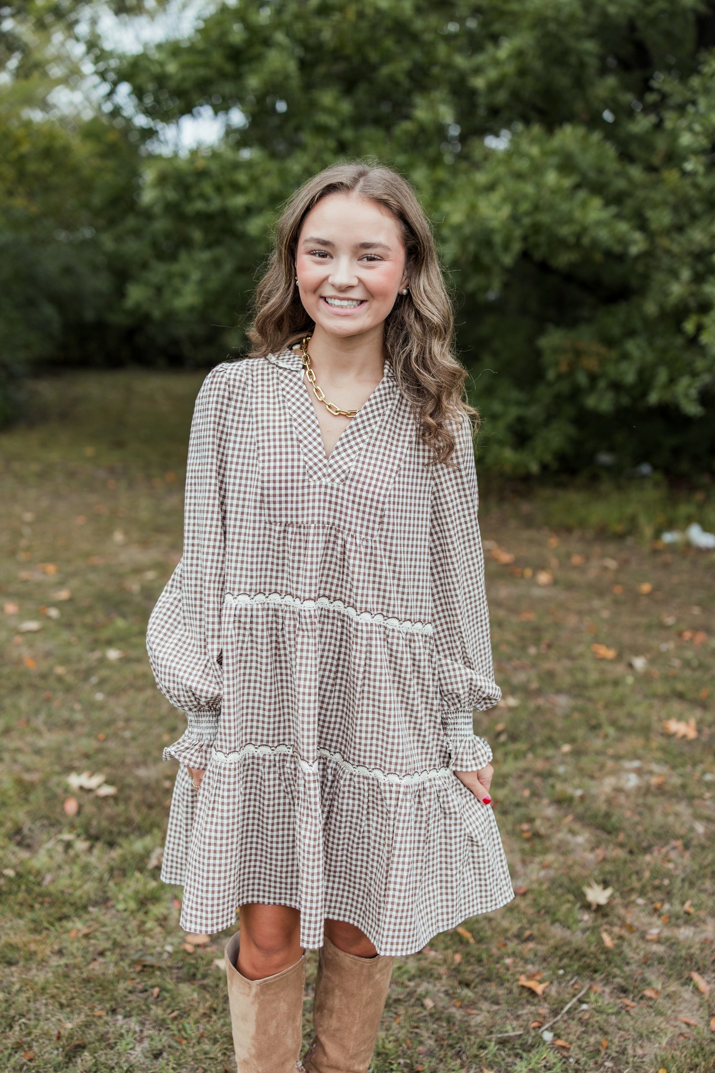 GINGHAM RUFFLE MINI DRESS